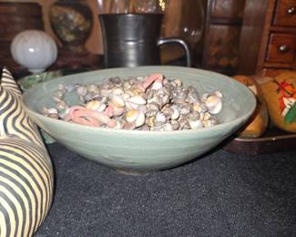 Celadon Glazed Ceramic Bowl with Seashell Collection