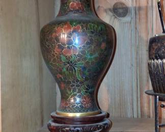 Jingfa Cloisonné Floral Vase with Wood Stand