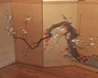 Japanese Byobu Four-Panel Folding Screen with Plum Blossoms and Bird
