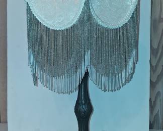 Victorian Style Rose Jacquard Beaded Fringe Table Lamp