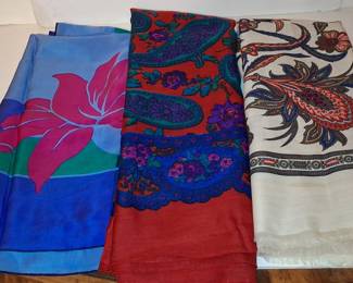 Collection of Three Vintage Silk Scarves: Bold Floral, Paisley, and Botanical Prints