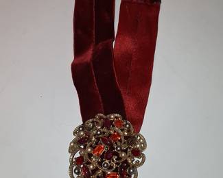 Vintage Filigree Brooch with Red Glass Stones on Velvet Ribbon Choker