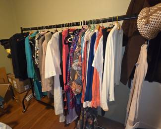 Vintage Clothing Assortment on Rolling Rack with Hat