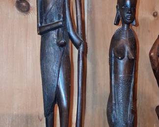 Vintage Maasai Spear Warrior and Woman Carved Wood Figures