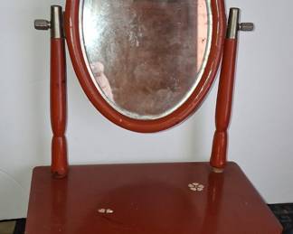 Antique Japanese Red Lacquer Tabletop Vanity Mirror with Drawer
