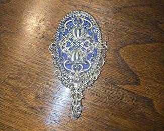 Vintage Ornate Filigree Hand Mirror with Blue Inlay