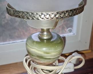 Vintage Green Onyx Boudoir Lamp with Frosted Etched Globe Shade