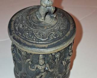 Antique Indian Silver Repoussé Betel Nut Box with Figural Finial