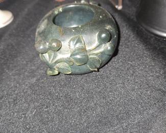 Carved Spinach Jade Brush Washer with Fruit Motif