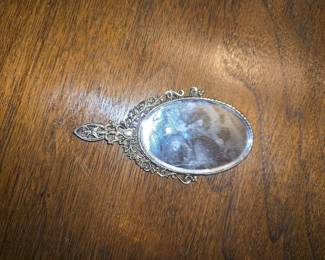 Vintage Ornate Filigree Hand Mirror with Blue Inlay