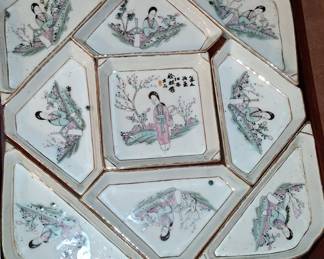 Chinese Famille Rose Porcelain Nine-Piece Sweetmeat Set in Wooden Box