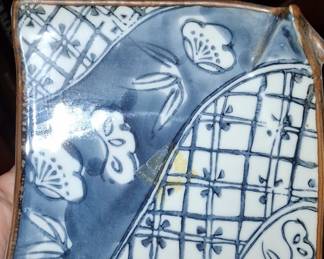 Vintage Japanese Blue and White Ceramic Square Dish