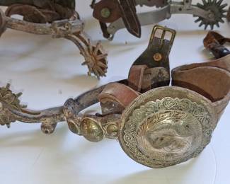 Collection of Vintage Western Spurs and Leather Quirt, including California Style