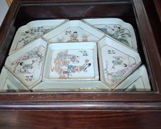 Chinese Famille Rose Porcelain Sweetmeat Set with Wooden Box