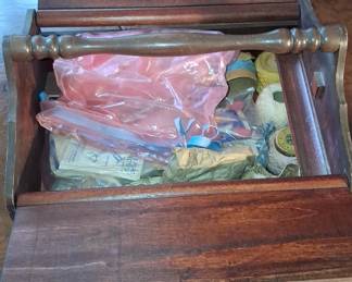 Vintage Wooden Sewing Caddy with Spindle Handle and Double Hinged Lids