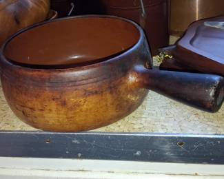 Vintage French Terracotta Saucepan with Wood Handle