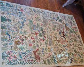 Vintage Hand-Embroidered Wool Rug: Jungle Animals and Floral Tapestry 47"x71"