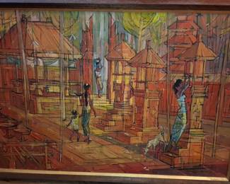 Mid-Century Balinese Temple Scene Oil Painting 30"x22"