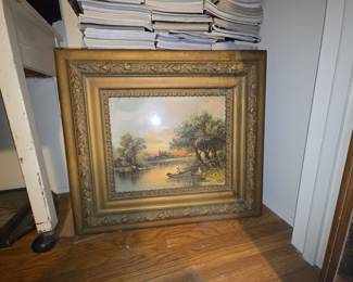 Vintage Landscape Oil Painting with River and Boat Scene in Ornate Gilt Frame