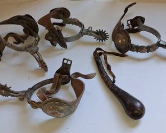 Collection of Vintage Western Spurs and Leather Quirt, including California Style