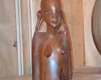 African Hand Carved Wood Bust of a Woman
