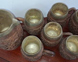 Vintage Carved Wood and Metal Tiki Beverage Set