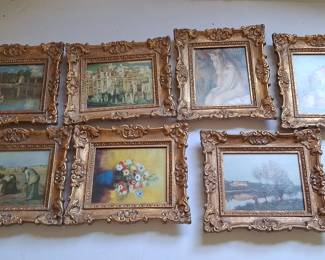 Collection of Seven Miniature Decorative Art Prints in Ornate Gilt Frames