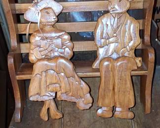 Vintage Hand-Carved Wooden Rabbit Couple on Bench