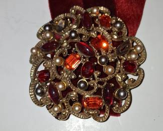 Vintage Filigree Brooch with Red Glass Stones on Velvet Ribbon Choker