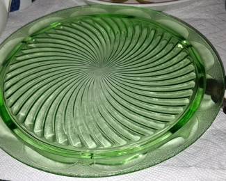 Anchor Hocking "Swirl" Uranium Glass Cake Plate