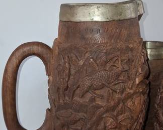 Vintage Carved Wood and Metal Tiki Beverage Set