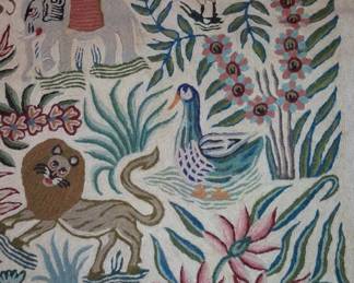 Vintage Hand-Embroidered Wool Rug: Jungle Animals and Floral Tapestry 47"x71"
