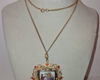 Vintage Fragonard Style Courting Couple Porcelain Pendant Necklace