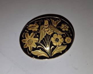 Vintage Damascene Bird and Floral Brooch, Toledo Ware Style