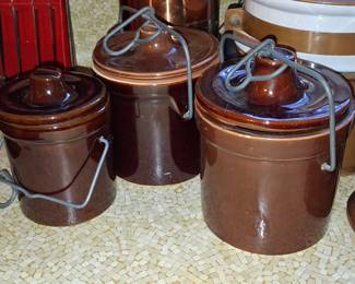 Vintage Brown Glazed Stoneware Cheese/Butter Crocks with Wire Bails