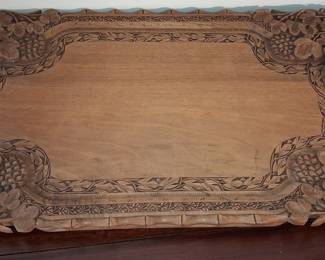 Antique Hand-Carved Walnut Wood Serving Tray with Grapevine Motif