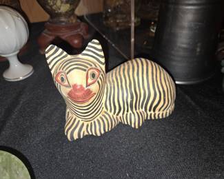 Hand-Carved Wooden Striped Cat Figurine