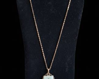Vintage Chinese Carved Green Jadeite Jade Pendant with Gold Chain