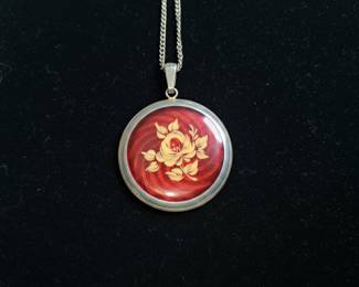 Vintage Bucherer Red Guilloché Enamel Pendant Watch