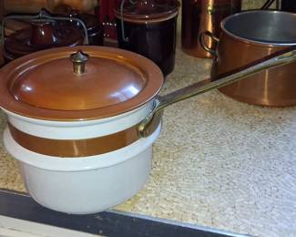 Vintage Double Boiler Pot with Copper Band and Brass Handle