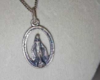 Antique French Miraculous Medal Necklace, 1930s Silver Religious Pendant