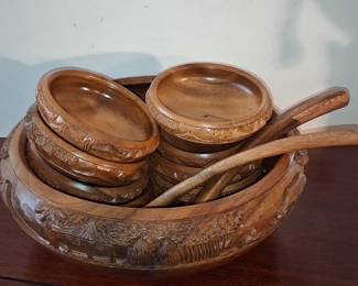 Vintage Hand-Carved Monkey Pod Wood Salad Serving Set with Village Scene