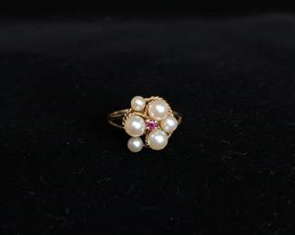 Vintage Pearl and Ruby Cluster Ring