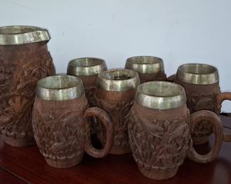 Vintage Carved Wood and Metal Tiki Beverage Set