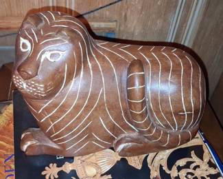 Vintage Thai Hand-Carved Teak Lion Sculpture