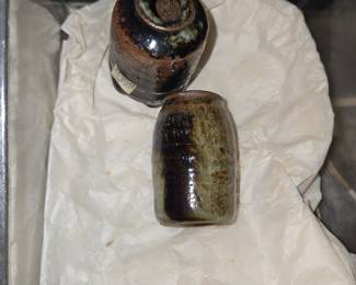 Pair of Japanese Bizen Ware Tokkuri Sake Bottles
