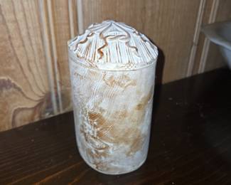 Vintage Hand Carved Soft Wood Wooden Cylinder Jar with Lid