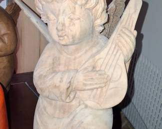 Hand-Carved Wooden Cherub with Lute