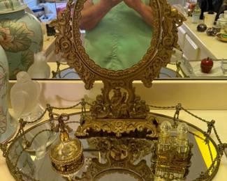 Vintage Hollywood Regency Gilt Ormolu Cherub Vanity Set 