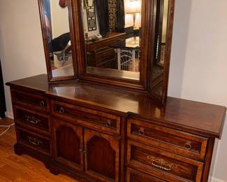 Ethan Allen French Provincial triple-dresser with tri-fold mirror.